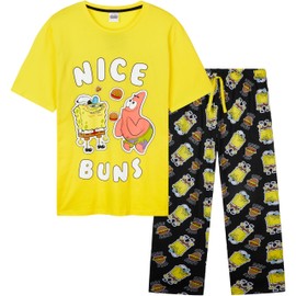 SpongeBob SquarePants 2 Piece Pajama Set for Men Teens Comfy T Shirt PJ Pants Loungewear Summer Sleepwear Gifts for Men (3XL, Yellow/Black)
