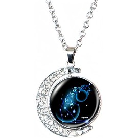 DEQIYIJI Zodiac Necklace Jewelry Birthday Gifts Astrology 12 Constellation Horoscope Sign Galaxy Crescent Half Moon Pendant Necklace Aquarius