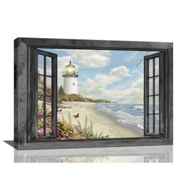Lighthouse Nautical Wall Art Coastal Beach Pictures Canvas Prints Ocean Decorations Painting Framed Window Seascape Artwork Gifts Office Home Decor for Bathroom Dining Living Room 24"x16"