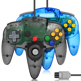 2 Pack N64 Controller, FISUPER Wired Classic Game Controller Gamepad Joystick for N64 Console(Clear Blue+Clear Black)