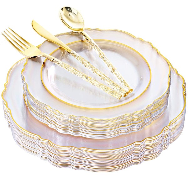 Liacere 150PCS Clear Gold Plastic Plates & Disposable Gold Plastic Silverware with Glitter Bamboo Handle Cutlery-Baroque Clear Gold Disposable Plates for Wedding & Party