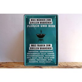 schilderkreis24 - Tin Signs Funny Grill Saying "Was Männer zum Grillen Brauchen – Fleisch UND Bier" Decorative Sign for Garden Gift Idea 20 x 30 cm