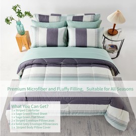 RYNGHIPY Sage Green Striped Comforter Set, Geometric Lightweight Soft Bedding Set, All Season Down Alternative Men Boy Comforter with Sheets Pillowcses (Full,Sage Green)