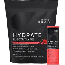 Sports Research® Hydrate Electrolytes Powder Packets - Sugar-Free & Naturally Flavored with Vitamins, Minerals, and Coconut Water - Supports Hydration - 16 Packets - Cherry Pomegranate