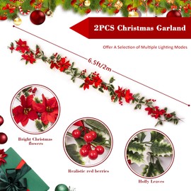 2 guirnaldas de Navidad con luces, guirnalda de 6.5 pies, decoraciones de Navidad para interiores, múltiples modos, guirnaldas de Navidad con bayas rojas, guirnalda de Navidad con pilas para chimenea,