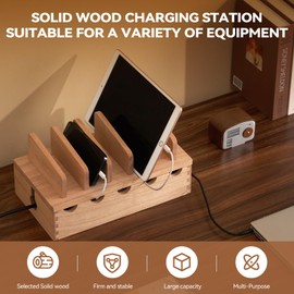 KIRIGEN Wood Charging Station Rack Organizer for Multiple Devices Desktop Organizer with 5 Ports for Cell Phones, Tablets, Earphones Wooden Cable Management DDXH-NA