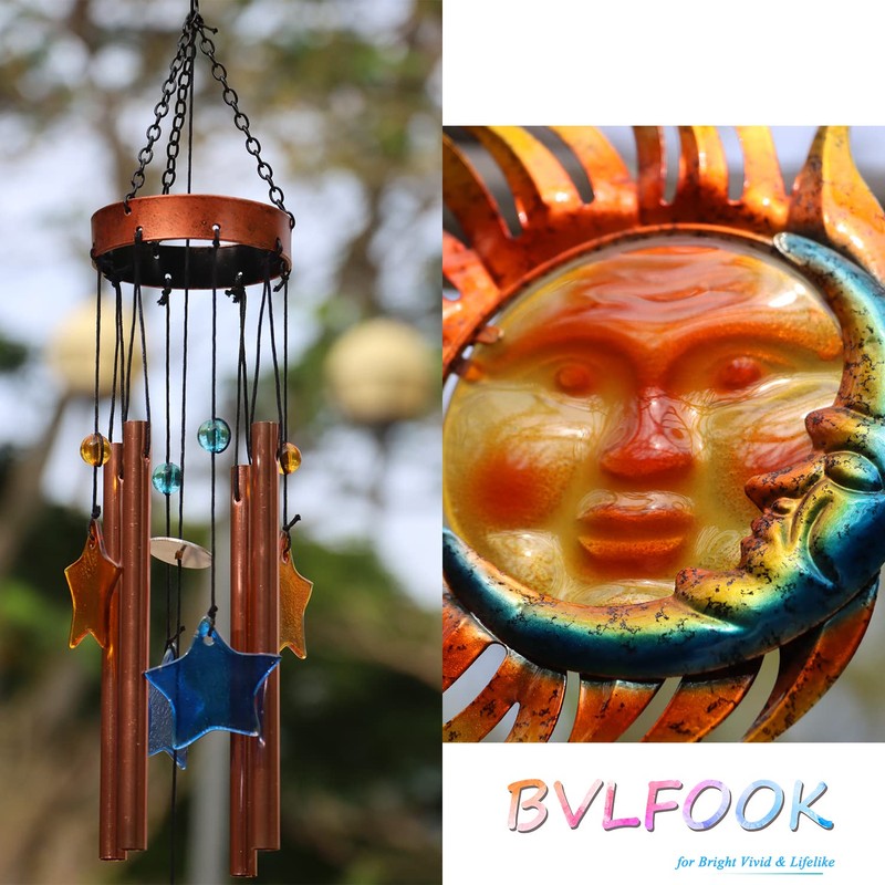 BVLFOOK Sun with Flame Wind Chime for Outside Garden Decoration,