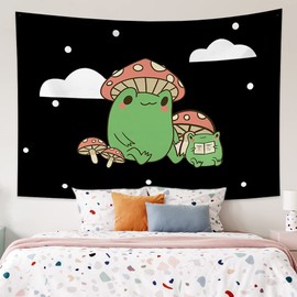 Chloroplastid Funny Mushroom Hat Tapestry Frog Tapestry Cute Black Tapestry for Teen Boys Girls Funny Kawaii Tapestry for Kids Bedroom Living Room Dorm Decor 59x51 Inch