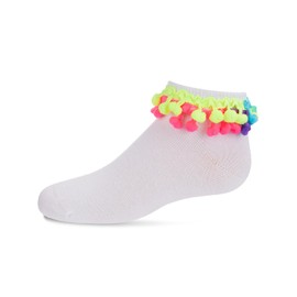 MeMoi Neon Multi Pom-Pom Cotton Blend Girls Anklet Sock White 6