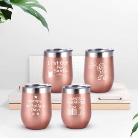 Christmas Stemless Wine Tumbler Set of 4, Funny Christmas Gifts for Women Wine Lovers Mom Sister Best Friends, Housewarming Gifts, Insulated Stainless Steel Wine Tumbler with lid(12oz, Rose Gold)