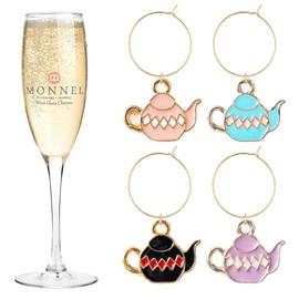 MONNEL P605 Assorted Tiny Teapot Wine Charms Glass Markers Tags for Party Decorations with Velvet Bag- Set of 4