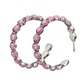 Bohemian Silver-Tone Faux Turquoise Round Hoop Natural Colorful Stone Beaded Drop Dangle Earrings Western Cowgirl Retro Vintage Ethnic Boho Jewelry for Women-pink