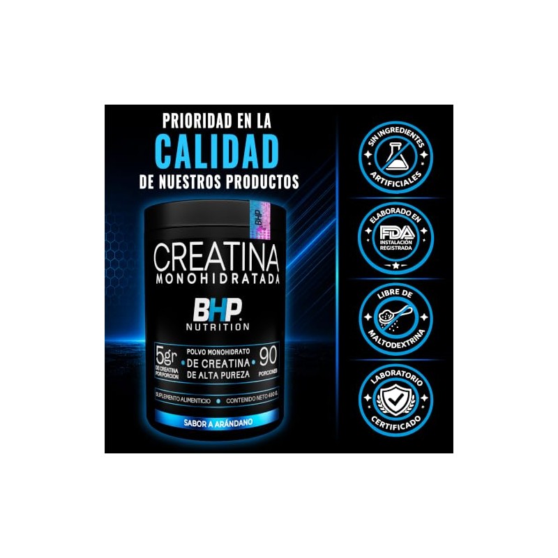 BHP NUTRITION- CREATINA MONOHIDRATADA ALTA PUREZA SABOR ARANDANO 490 GRS