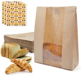 Yenmoz 65 Pack Large Kraft Paper Bread Bags with Transparent Window and Label Seal Sticker (13.78 * 8.27 * 3.58 Inch)