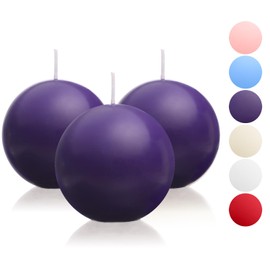 Ball Pillar Candles Set of 3 Purple 3Inch Unscented Handpoured Weddings, Home Decoration, (75 Hour)