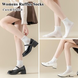 BIVOLU Womens Ankle Socks Ruffle Cotton Cute Frilly Trim Breathable Ankle Ruffled Socks 6 Pack (US, Numeric, 5, 9, Regular, Regular, 3white3black)