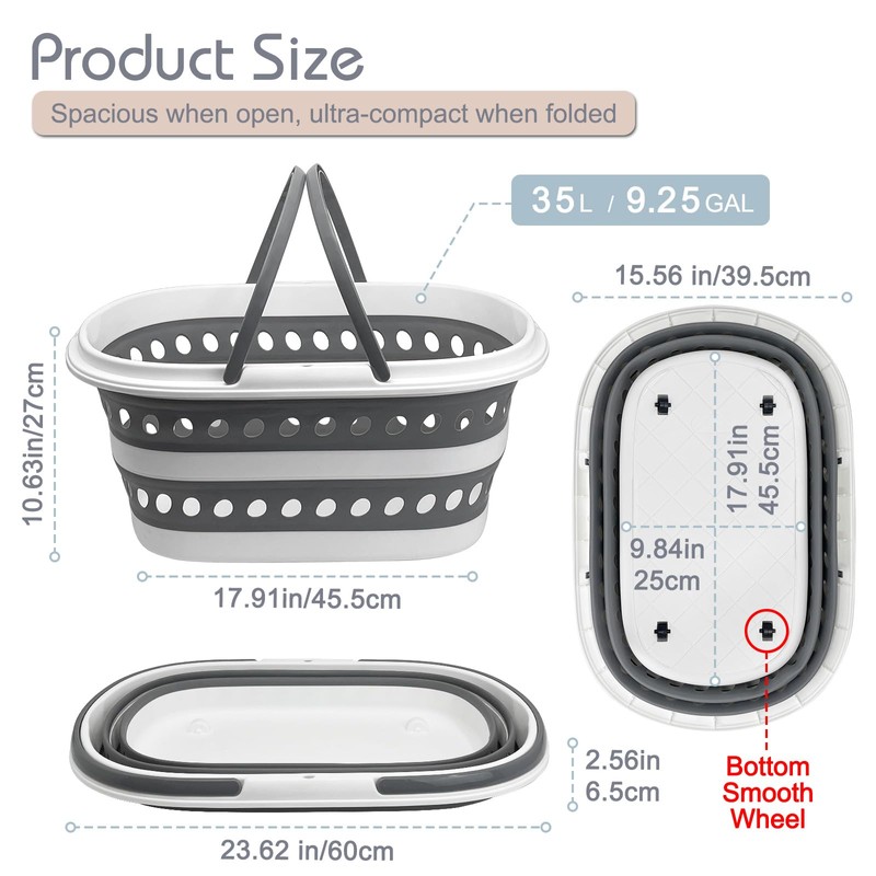 35L Large Rolling Collapsible Laundry Basket with Wheels, Foldable Plastic