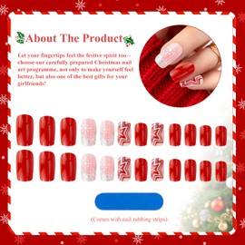 Christmas False Nails, 24PCS Press on Nails Full Cover Glossy Fake Nails Xmas Snowflake Stick on Nails Artificial Finger Manicure Nail Art Supplies for Women Girls Holiday Nail Decoration A8BXHMJ