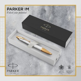 Parker IM Ballpoint Pen | Premium Pearl Lacquer with Gold Trim | Medium Point with Blue Ink Refill | Gift Box