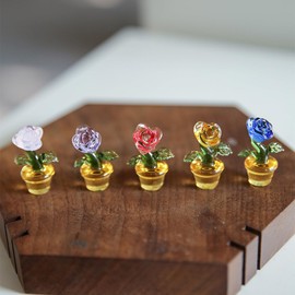 Mollytek 5PCS Mini Hand Blown Glass Figurines Collectibles Miniature Hand Blown Glass Ornaments Decor Assorted Cute Home Office Table Computer Car Dashboard Ornament (Rose)