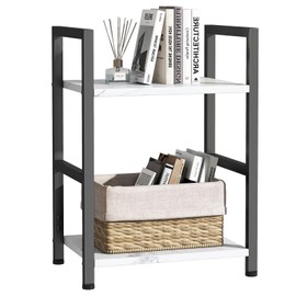 Katrawu Small Bookshelf for Small Space, 2 Tier Industrial Bookcase,Narrow Book Case Storage Organizer Book Shelf for Living Room, Bedroom and Office, Easy Assembly(2 Tier,White Marble)