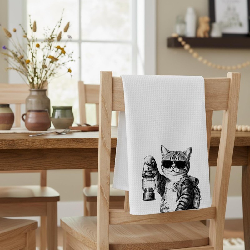 Threegoat Funny Cat Kitchen Towels, Camping Kitty Dish Cloth, Waffle