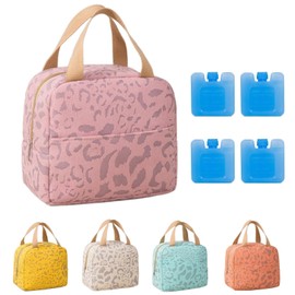 Insulated Lunch Bag with 4 Ice Packs,Cute Leopard Print Thermal Tote,Pink