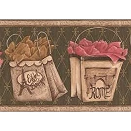 CONCORD WALLCOVERINGS ™ Wallpaper Border Vintage Pattern Gift Bags for Bedroom Wardrobe Fitting Room, Brown Green Red Beige, 15 ft by 9 in KM7723B