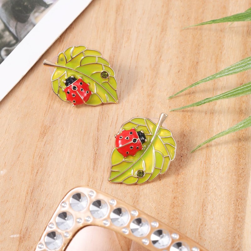 Green Leaf Ladybird Earrings, Delicate Black Spot Red Ladybug Animal
