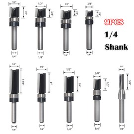 SICWOOD 9pcs Pattern Flush Trim Router Bit 1/4 Shank, Carbide Tipped Top Bearing Template Pattern Router Bit, Straight Flush Cut Router Bit, for Wood Trimming
