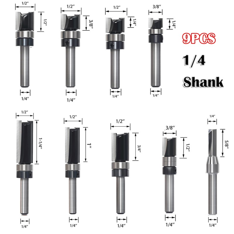 SICWOOD 9pcs Pattern Flush Trim Router Bit 1/4 Shank, Carbide