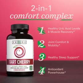 Zhou Tart Cherry Extract Plus Celery Seed - Tart Cherry Capsules for Men & Women, Muscle Recovery and Uric Acid Metabolism Support - 1000 mg Per Pill - 30 Servings, 60 Veggie Capsules (Pack of 1)