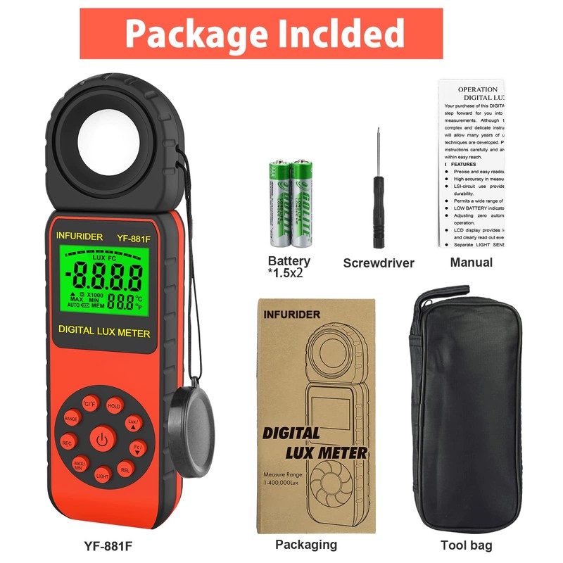 Digital Luxmeter Light Meter, INFURIDER YF-881F Light Meter with 0.01-400,000