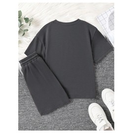 VIPWOLF Boy's Two Piece Short Set Crew Neck Letter Graphic Tee Shirts and Shorts Casual Outfits Dark Grey Letter 12Y