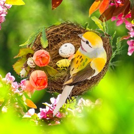 Berfutall-Easter Artificial Nest Natural Bird Nest Kit Includes Artificial Twig Nest, Fake Foam Feather Birds, Foam Eggs Ornaments for Crafts Home Party Decor