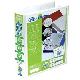Elba A4+ 4 D-Ring Lever Arch File, 560mm capacity, 70mm spine, Presentation Folder with Customisable Cover, Portrait, White (Single)