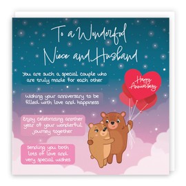 Hunts England - Niece And Husband Poem Anniversary Card - Starry Night - Cute Bears - Verse Anniversary Card For Niece And Husband - Happy Anniversary Niece And Husband Anniversary Card