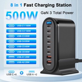 USB C Charger, 500 W Fast Charger, 9 Port Charging Station GaN III Tech Power Supply Fast Charger