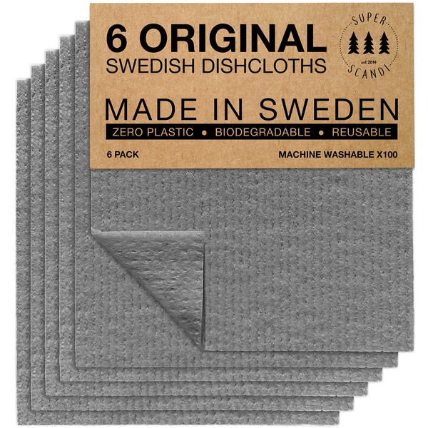 SUPERSCANDI Swedish Dishcloths for Kitchen 6 Pack of Grey Reusable Compostable Kitchen Cloth Made in Sweden Cellulose Sponge Swedish Dish Cloths for Washing Dishes