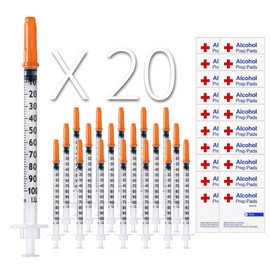 U-100 Syringes - 1ml/cc 29G 1/2" (12,7mm) Disposable Syringes + Free Alcohol Prep Pads Individually Wrapped,20 PACK (20 units + 20 pads)