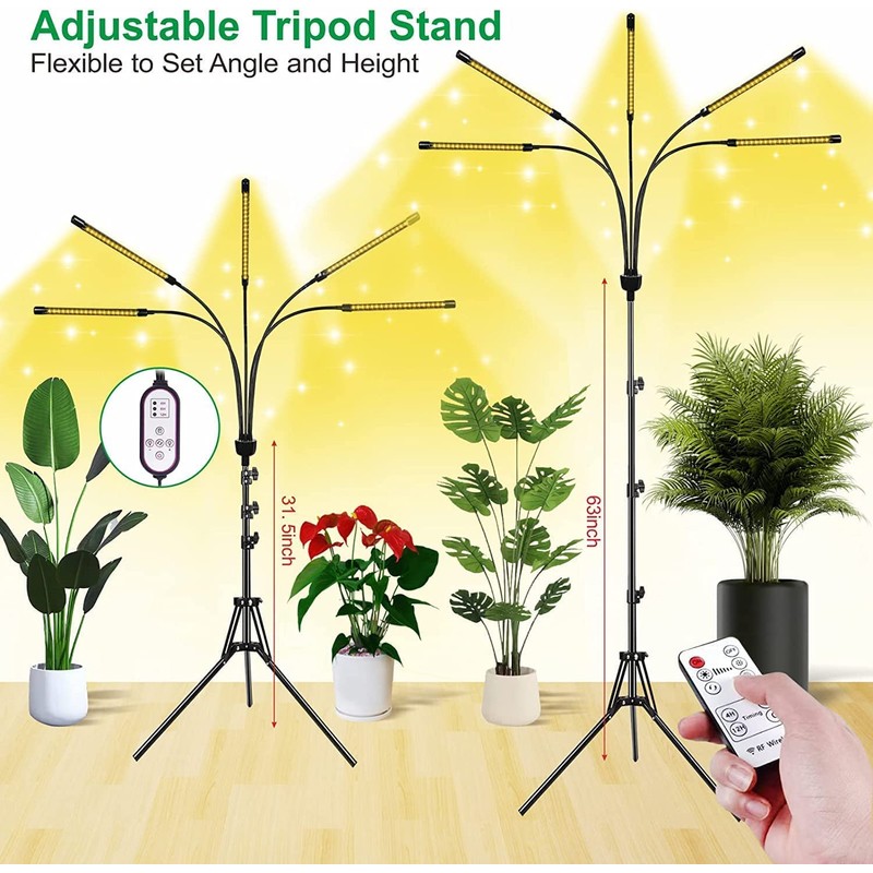 5-Head Adjustable LED Lights, Full Spectrum Grow Lamp with Timer,