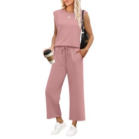 SAMPEEL 2 Piece Set Women Outfit Summer Travel Airpot Beach Matching Sets 2025 Fashion Sleeveless Tops Wide Legs Pants Workout Sweat Set Pink XXL
