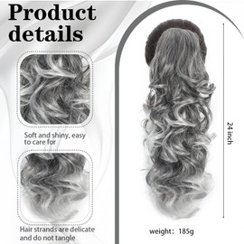 Claw Clip Grey White Ponytail Extension for Women Long Wavy Pony Tails Hair Extensions Fluffy Natural Looking 24 Inch hair extensions ponytail for Daily Use