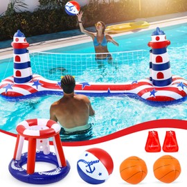 EagleStone Inflatable Pool Float Set with Volleyball Net & Basketball Hoop,2-in-1 Floating Water Games for Kids Adults, Backyard Beach Summer Toys, Heavy-Duty PVC Family Pool Party Essentials