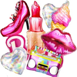 XIFEILOL 9 Pcs Pink Girls Head Balloons, 28”Hot Pink Lips Heart Lipstick Ice Cream Aluminum Foil Balloons for Girl Birthday, Princess Doll Theme Party Decorations Supplies, Baby Shower.