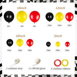 178pcs Race Car Theme Garland Kit for, Red Black Yellow Balloons Decoration with Flags and Wheels, Race Car Themed Birthday Party Supplies for Boys & Girls