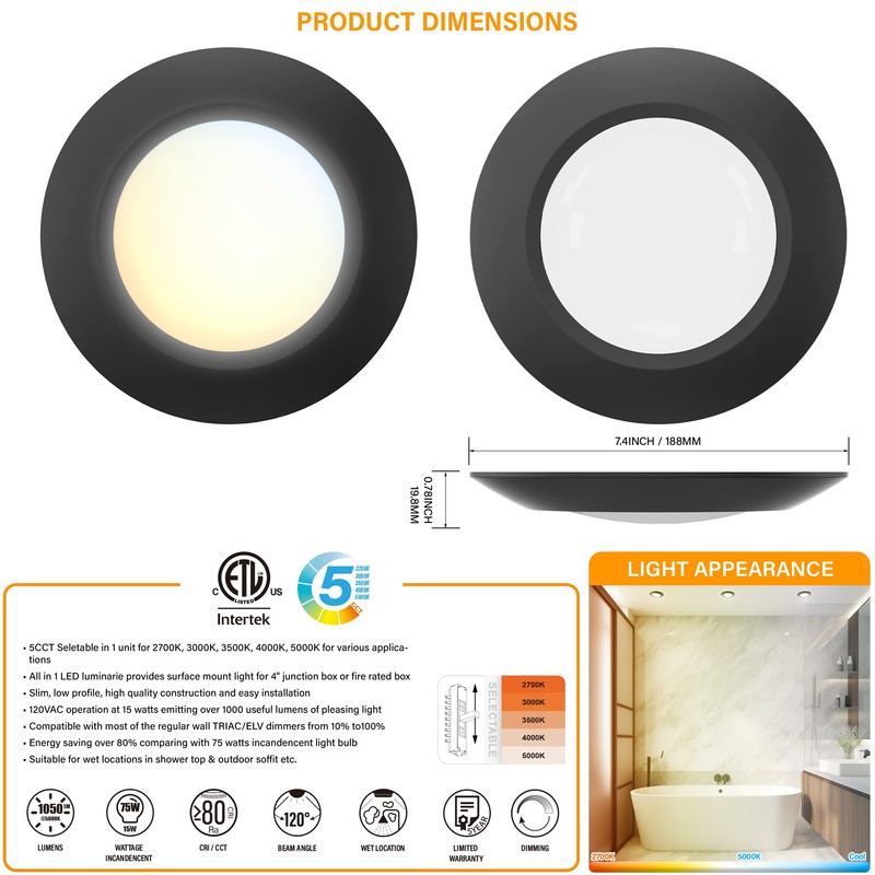 JULLISON 8 Packs 6 Inch Black 5CCT Field Selectable LED