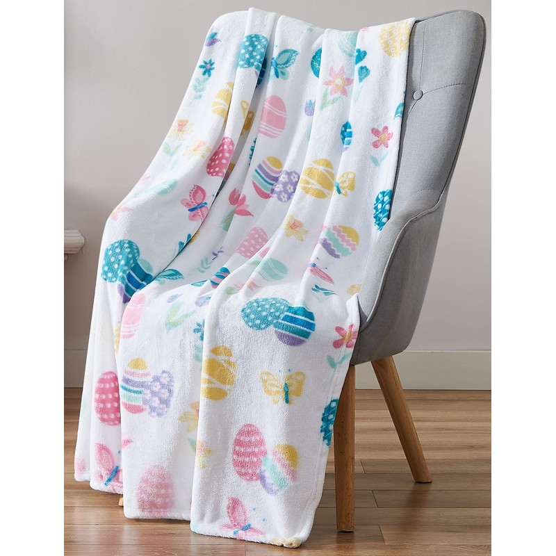 VCNY Easter Spring Flowers and Eggs Velvet Fleece Throw Blanket: