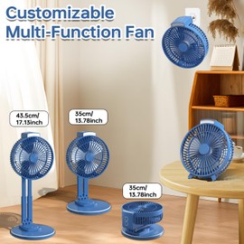 Ansee 3IN1 Portable Fan for Camping, 7inch Rechargeable Table Fan with Light Hanging Hook for Tents Travel, Adjustable Height and Removable Head USB Desk Fan Great for Office Home Outdoor (Blue)