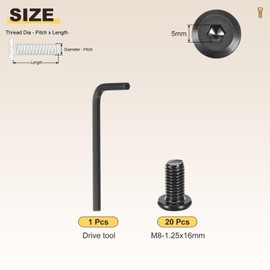 METALLIXITY Flat Head Hex Socket Cap Screws Bolts(M8-1.25x16) 20Pcs, with Wrench Steel Hex Socket Furniture Bolts Countersunk Screws - for Furniture Woodworking Project, Black